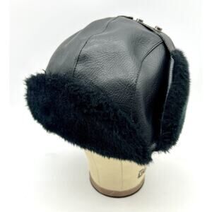Vtg Rothco Black Vinyl Fur Lined Bomber Aviator Hunting Hat With Flaps 7 3/4